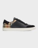 Image 1 of 6: Burberry Men's Stevie Leather and Check Low-Top Sneakers