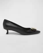 Image 1 of 5: Ferragamo Zelma Leather Bow Kitten-Heel Pumps