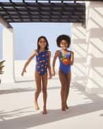 Image 3 of 5: Molo Girl's Noelle Peach-Print Scallop Swimsuit, Size 8-16