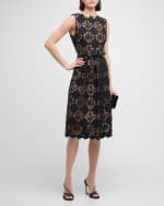 Image 5 of 6: Oscar de la Renta Jewel-Neck Sleeveless Gardenia Guipure Eyelet Midi Dress