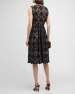 Image 3 of 6: Oscar de la Renta Jewel-Neck Sleeveless Gardenia Guipure Eyelet Midi Dress