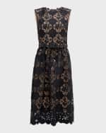 Image 1 of 6: Oscar de la Renta Jewel-Neck Sleeveless Gardenia Guipure Eyelet Midi Dress