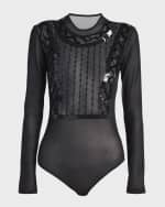 Image 2 of 6: Alberta Ferretti Embellished Long-Sleeve Mesh Bodysuit