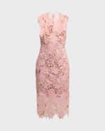Image 1 of 6: Monique Lhuillier Jewel-Neck Sleeveless Printed Lace Sheath Midi Dress
