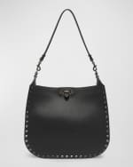 Image 1 of 6: Valentino Garavani Small Rockstud Grainy Leather Hobo Bag