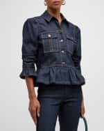 Image 2 of 6: Cinq a Sept Delanie Scrunched-Sleeve Peplum Denim Jacket