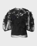 Image 2 of 6: Carolina Herrera Floral Embroidered Puff-Sleeve Sheer Top