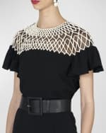 Image 5 of 5: Carolina Herrera Embellished Lattice Yoke Crewneck Top