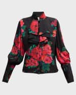 Image 1 of 7: Libertine Seville Rose-Print Bishop-Sleeve Ruffle-Bib Blouse