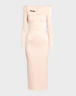 Image 2 of 6: Alex Perry Strong-Shoulder Long-Sleeve Satin Crepe Midi Dress