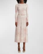 Image 1 of 6: Ralph Lauren Collection Painted Garden Long-Sleeve Tulle Midi Dress With Leather Belt