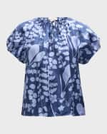 Image 2 of 6: Lafayette 148 New York Pleated Floral-Print Puff-Sleeve Blouse