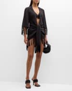 Image 5 of 6: Cinq a Sept Stefie Crinkled Tassel-Trim Kimono Coverup
