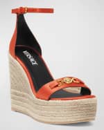 Image 2 of 2: Versace Medusa Silk Ankle-Strap Wedge Espadrilles