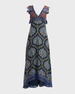 Image 2 of 6: Etro Medallion-Print Metallic Silk Fil Coupe Ruffle Midi Dress