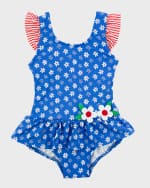 Image 1 of 3: Florence Eiseman Girl's Royal Daisy-Print Swimsuit W/ Flowers, Size 2-6X
