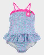 Image 1 of 3: Florence Eiseman Girl's Daisy-Print Ruffle Swimsuit, Size 2-6X
