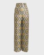 Image 1 of 6: Etro High-Rise Medallion-Print Wide-Leg Silk Pants