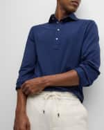 Image 4 of 6: Brunello Cucinelli Men's Cotton-Silk Long-Sleeve Polo Shirt