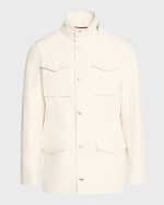 Image 1 of 6: Brunello Cucinelli Men's Linen-Silk Concealed Zip Safari Jacket