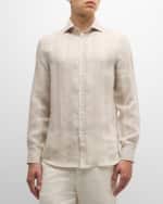 Image 3 of 6: Brunello Cucinelli Men's Linen Stripe Casual Button-Down Shirt