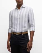 Image 3 of 6: Brunello Cucinelli Men's Linen Multi-Stripe Casual Button-Down Shirt
