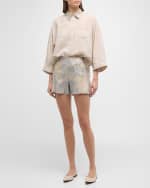 Image 5 of 6: Brunello Cucinelli Paillette Magnolia Embroidered Linen Shorts