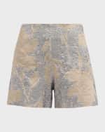 Image 1 of 6: Brunello Cucinelli Paillette Magnolia Embroidered Linen Shorts