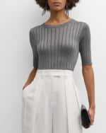 Image 2 of 6: Brunello Cucinelli Metallic Silk Wide Ribbed Elbow-Sleeve Crewneck Top