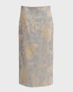 Image 1 of 6: Brunello Cucinelli Linen Midi Skirt with Paillette Magnolia Embroidery