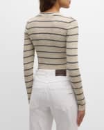 Image 4 of 6: Brunello Cucinelli Striped Metallic Linen Long-Sleeve V-Neck Knit Sweater