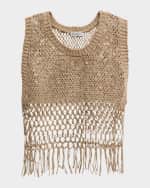 Image 1 of 6: Brunello Cucinelli Linen-Silk Degrade Paillette Opera Knit Crop Tank Top With Fringe