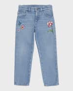 Image 1 of 3: Versace Girl's Floral Embroidered Denim Jeans, Size 4-6