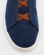 Image 3 of 5: ZEGNA Men's Triple Stitch Denim Slip-On Sneakers