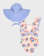 Image 2 of 3: RuffleButts Girl's Coastal V-Back One-Piece Swimsuit and Hat Set, Size 3M-8