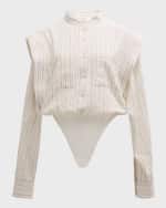 Image 1 of 6: Salon 1884 Tove Striped Band-Collar Long-Sleeve Shirt Bodysuit