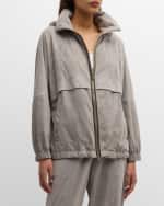 Image 1 of 6: Brunello Cucinelli Monili-Trim Zip-Up Suede Hooded Spa Jacket