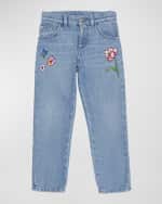 Image 4 of 5: Versace Girl's Floral Embroidered Denim Jeans, Size 8-14