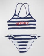 Image 4 of 5: Versace Girl's Striped Logo-Print Two-Piece Swimsuit, Size 8-14