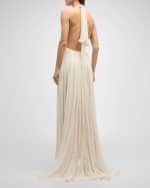 Image 3 of 6: Oscar de la Renta Organza Flower Halter Backless Chiffon Gown