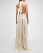 Image 4 of 6: Oscar de la Renta Organza Flower Halter Backless Chiffon Gown