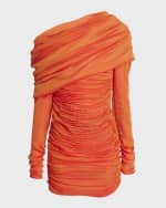 Image 1 of 6: Saint Laurent Ruched Long-Sleeve One-Shoulder Mini Dress