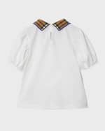 Image 4 of 4: Burberry Girl's Alesea Check Rib-Knit Collar Short-Sleeve Top, Size 3-14
