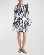 Image 1 of 2: Michael Kors Collection Floral-Print Flare-Sleeve Pleated Cotton Poplin Mini Shirtdress