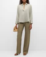 Image 5 of 6: Vince Long-Sleeve Silk Pullover Polo Top