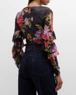 Image 4 of 6: Cinq a Sept Elle Floral-Print Ruffle-Sleeve Shirred Top