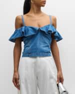 Image 3 of 6: Moschino Jeans Ruffle Chambray Off-The-Shoulder Top