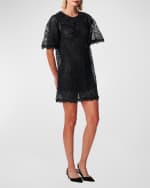 Image 2 of 4: Carolina Herrera Beaded Flutter-Sleeve Lace Mini Shift Dress