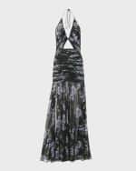 Image 2 of 5: Carolina Herrera Floral-Print Cutout Ruched Chiffon Halter Gown