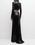 Image 3 of 6: Roberto Cavalli Two-Piece Mock-Neck Long-Sleeve Sequined Gown